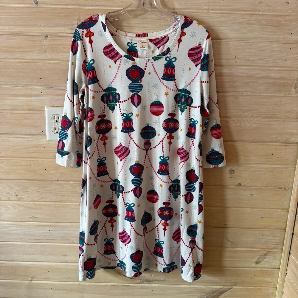 Soma Holiday Ornament Print Nightshirt Sleep Shirt Women’s Small Nightgown - Picture 2 of 5